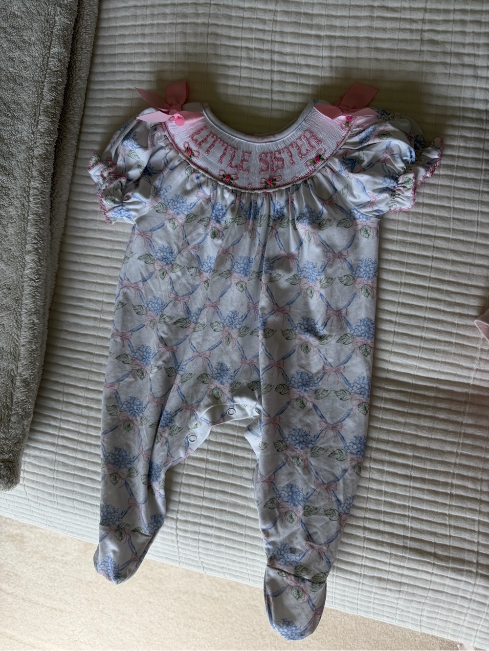 Pink Floral Footed Baby One-Piece, floral embroidery “little sister”